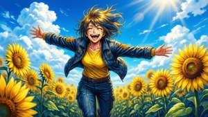 一個快樂的動漫女孩在明亮的藍天下，向日葵田中伸展雙臂。