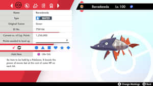 Barraskewda 等級100 水系 寶可夢 持有 生命寶珠 遊戲狀態畫面