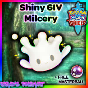 閃亮的Milcery寶可夢在森林中漂浮，帶有遊戲文字和Masterball優惠。