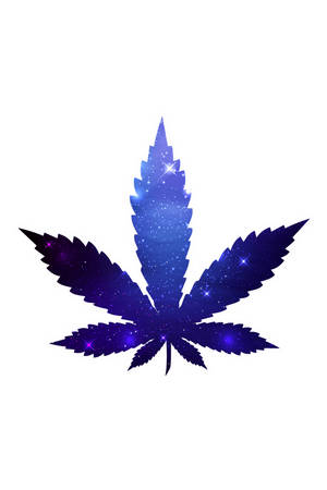 風格化的大麻葉，填充藍色和紫色色調的星空星系圖案。