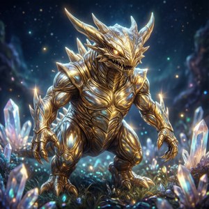 金色盔甲龍形怪物被閃耀水晶包圍，在星空下