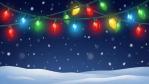 一串色彩繽紛的聖誕燈飾在飄雪下閃爍於雪地上方。