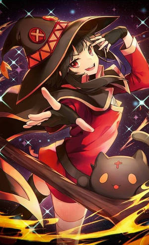 動漫女巫與黑貓在星空下施展火魔法