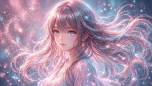動漫女孩，擁有發光的頭髮和閃爍的粒子，在宇宙環境中。