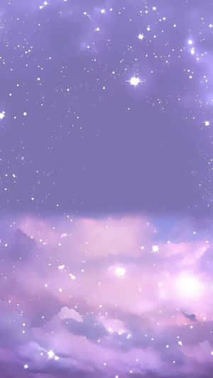 紫色和粉紅色的天空，有閃爍的星星和發光的雲朵
