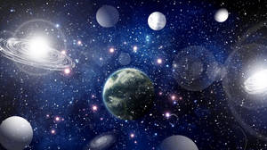 地球在廣闊的宇宙場景中漂浮在星星、行星和星系之間。 — 太空美學 GIF 壁紙