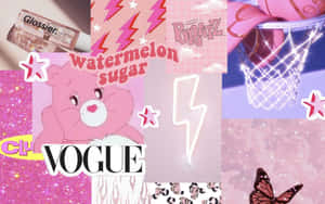帶有Care Bear、Vogue文字和籃球框的粉紅色閃亮拼貼畫。