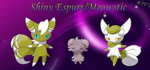 閃光嘅Espurr同Meowstic喺紫色宇宙背景上同一隻細小嘅Pokémon一齊。