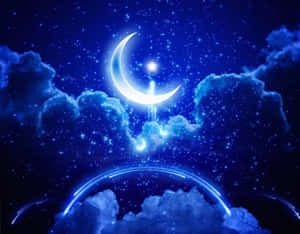 發光的彎月和星星在發光的雲層之上，在繁星點點的夜空。