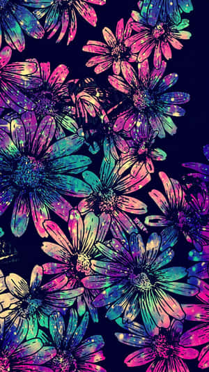 帶有閃爍宇宙細節的霓虹花朵在黑暗背景中綻放。