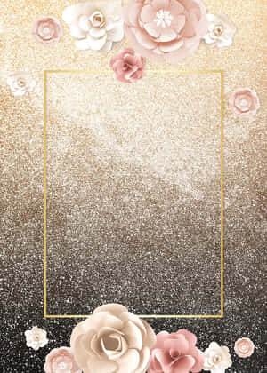 金色閃粉背景，帶有紙花和中央框架 — 玫瑰金風格 壁紙