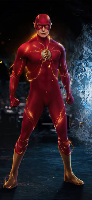 超級英雄 The Flash 身穿紅色戰衣，帶有發光閃電效果，站在冰冷的環境中。