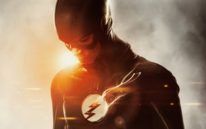 超級英雄 The Flash 身穿深色服裝，帶有發光的閃電標誌，背景煙霧繚繞。