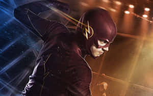 The Flash 身穿栗色戰衣，在發光隧道中奔跑，帶有光軌。 — 超級英雄 壁紙