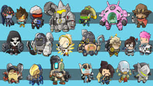 Q版Overwatch角色喺藍色條紋背景上擺出色彩繽紛嘅姿勢。