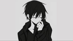 黑髮閉眼的動畫男孩以黑白風格觸摸臉部。