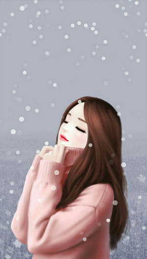 穿著粉紅色毛衣的動漫女孩閉著眼睛享受下雪。