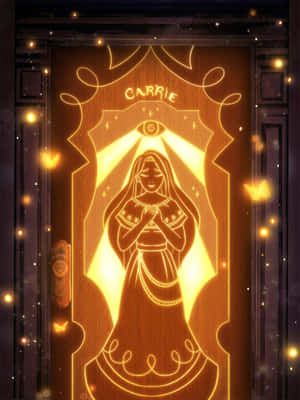 發光的金色祈禱女人剪影在名為Carrie的木門上，伴有蝴蝶和眼睛符號。