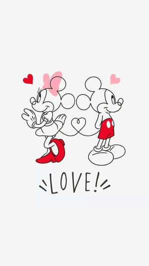 米奇和米妮老鼠手牽手，周圍有心形圖案，下方有「love」字樣。