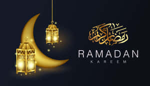金色燈籠和新月，深色背景上帶有Ramadan Kareem書法。 — 齋戒月 壁紙