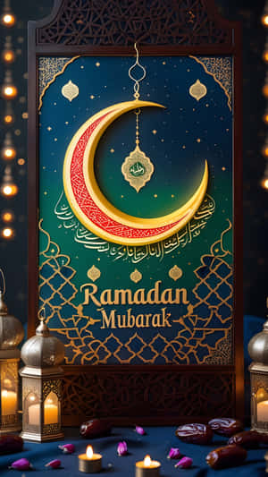 Ramadan Mubarak 祝福，新月、燈籠和椰棗擺放在深藍色桌布上 — 齋戒月 壁紙