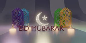 帶有閃爍新月和色彩繽紛伊斯蘭拱門的Eid Mubarak問候。