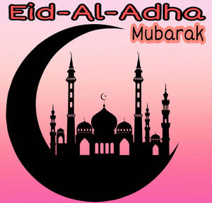 Eid-Al-Adha Mubarak 祝福，新月內有清真寺剪影，粉紅色背景。