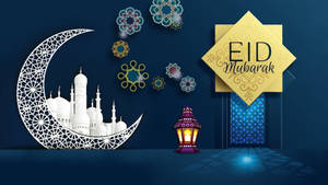 Eid Mubarak祝福，包含新月、清真寺、燈籠和裝飾圖案。