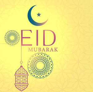 Eid Mubarak問候，帶有新月、星星、燈籠和曼陀羅圖案，黃色背景