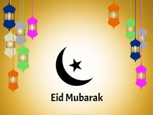 色彩繽紛的燈籠圍繞著新月和星星，並帶有Eid Mubarak文字。