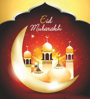 Eid Mubarak 祝福，金色清真寺圓頂在彎月上，襯托著紅黃色節日背景。