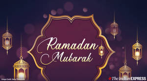 在紫色背景上，帶有發光燈籠和華麗金色框架的 Ramadan Mubarak 祝福。 — 淺紫色動態圖片 壁紙