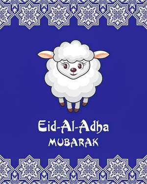 一隻卡通羊，有粉紅色耳朵，在藍色背景上，帶有Eid-Al-Adha Mubarak文字和裝飾邊框。