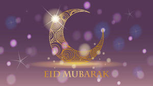 紫色背景上的金色新月帶有漩渦和星星，並有「EID MUBARAK」文字。