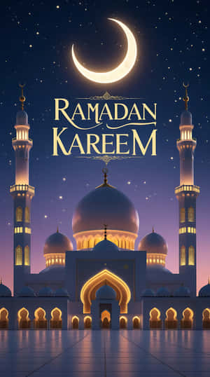 一座雄偉的清真寺在夜晚於新月和星辰下亮起燈光，並帶有 Ramadan Kareem 文字。 — 齋戒月 壁紙