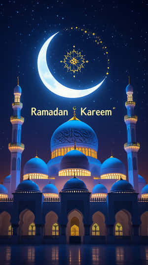 宏偉清真寺在夜間於彎月和星空下亮燈，附有 Ramadan Kareem 文字。 — 齋戒月 壁紙
