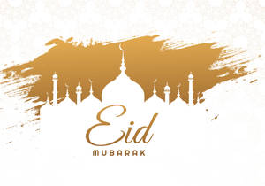 Eid Mubarak 祝福語，帶有清真寺剪影和金色筆觸設計。