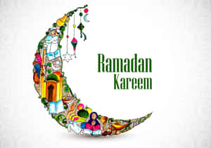 Ramadan Kareem祝福，彎月裝飾著伊斯蘭符號和祈禱的人們。
