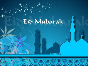 藍色背景上帶有清真寺和花卉設計的Eid Mubarak賀卡。