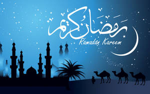 Ramadan Kareem 書法覆蓋在清真寺、駱駝和棕櫚樹的夜景上。 — 齋戒月 壁紙