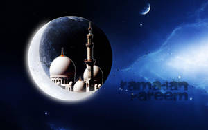 在繁星點點的太空場景中，新月內出現一座清真寺，並帶有「Ramadan Kareem」文字。