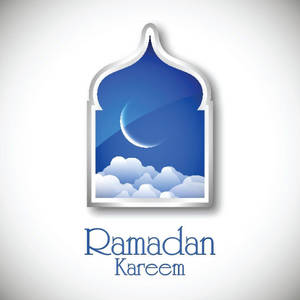 拱形窗戶設計中帶有新月和雲朵的Ramadan Kareem祝福。