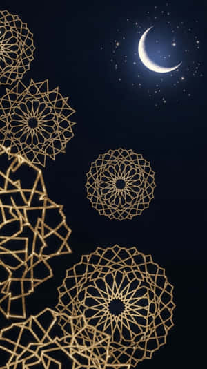 金色幾何圖案在黑暗夜空中，在新月和星星下飄浮。 — 齋戒月 壁紙