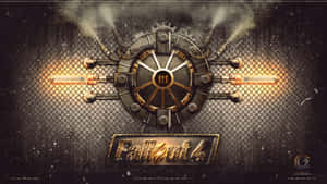 Fallout 4 保險庫門，在深色網格背景上有發光的管道和煙霧。