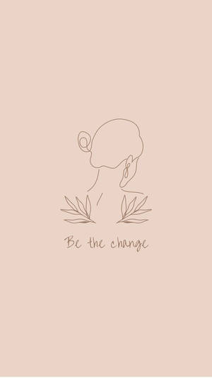 米色背景上，女性側面輪廓的線條藝術，飾有月桂葉和「Be the change」字句。