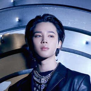 年輕男子身穿皮夾克，佩戴多層珠寶，背景為彎曲的金屬。 — Jimin GIF 壁紙