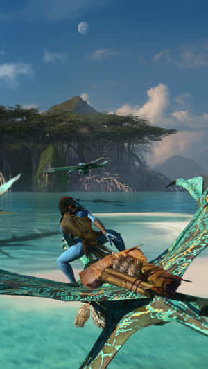 納美人騎手騎著 banshee 在叢林水域上空飛翔，月亮在上方 — 電影 GIF 壁紙
