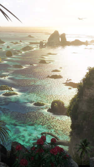 日落時分的熱帶海洋景色，有小島、懸崖和紅花 — 島嶼 壁紙