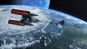 未來太空船繞地球運行，帶有發光引擎和星空背景。