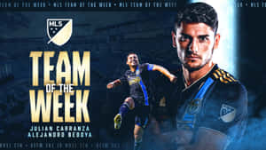 足球運動員在球場上慶祝，帶有「Team of the Week」文字。 — 足球 壁紙